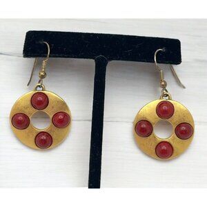 Vintage Gold Tone Red Bead Drop Earrings Dangle Round Wavy